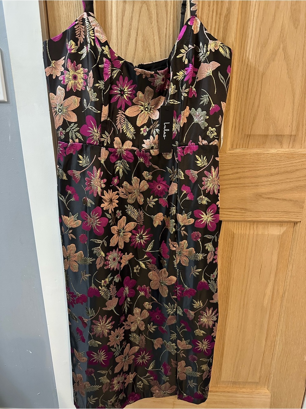 Windsor Black Midi Slip Dress with Pink & Gold Floral Embroidery